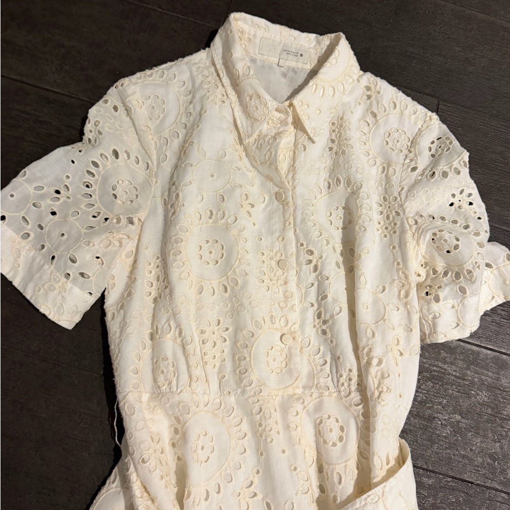 Zara White Eyelet Tie-Waist Shirt Dress - Picture 5 of 6